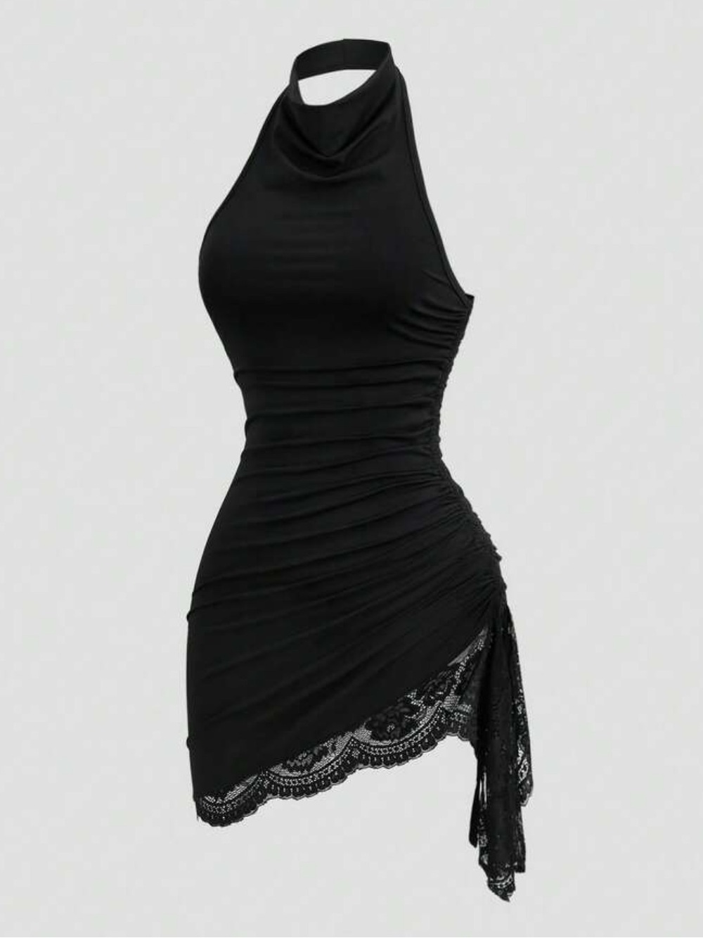 SHEIN Black Halter Lace-Trim Ruched Mini Dress